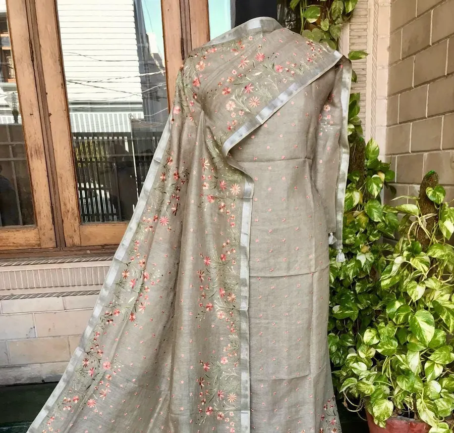 Floral Printed Linen Dress Material | Unstitched Suit Set with Cotton Bottom & Linen Dupatta for Women